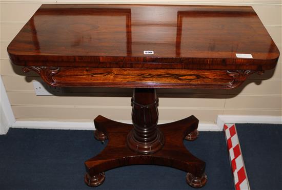 An early Victorian rosewood folding top card table, 92cm wide